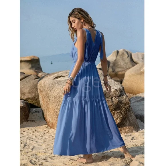 Blue Maxi Dress V-Neck Flared Flowy Tie Straps Embroidered Trim - Picture 2 of 7